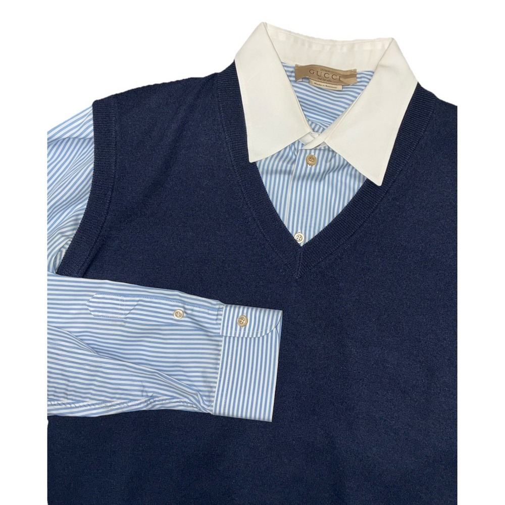 Gucci Shirt Men's 17.5 Blue Striped And Vest 3XL Navy Wool Uniform Slim Fit